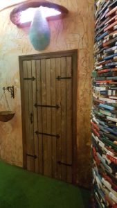 A whimsical room with a wall of books