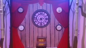 Whimsical room full of clocks