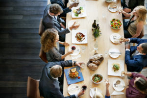 Overhead shot of people eating dinner